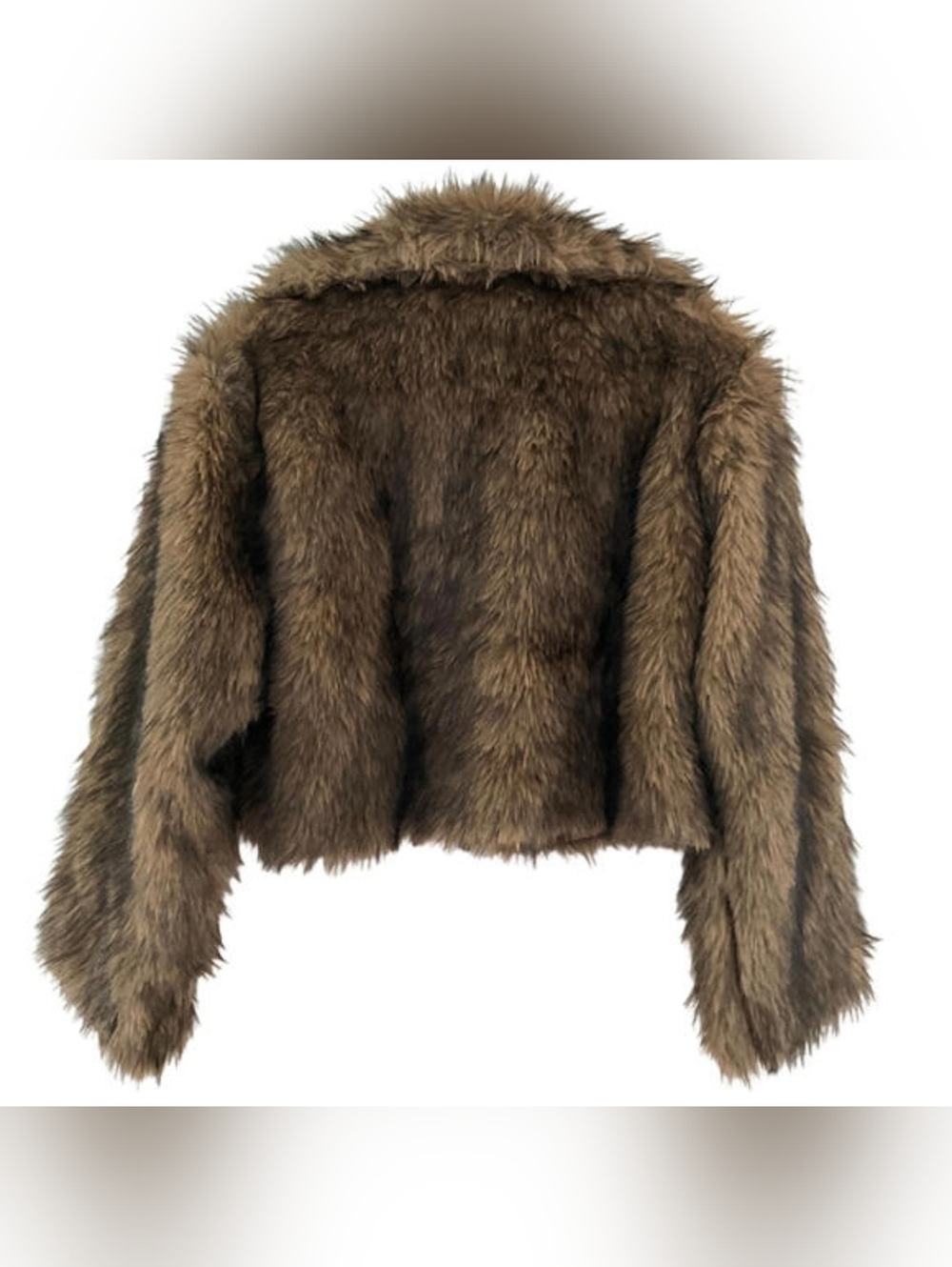 NWT Luxury Sz M Brown Cropped Faux Fur Coat Chic IT Girl Street Style Glam Vibe - Picture 8 of 9